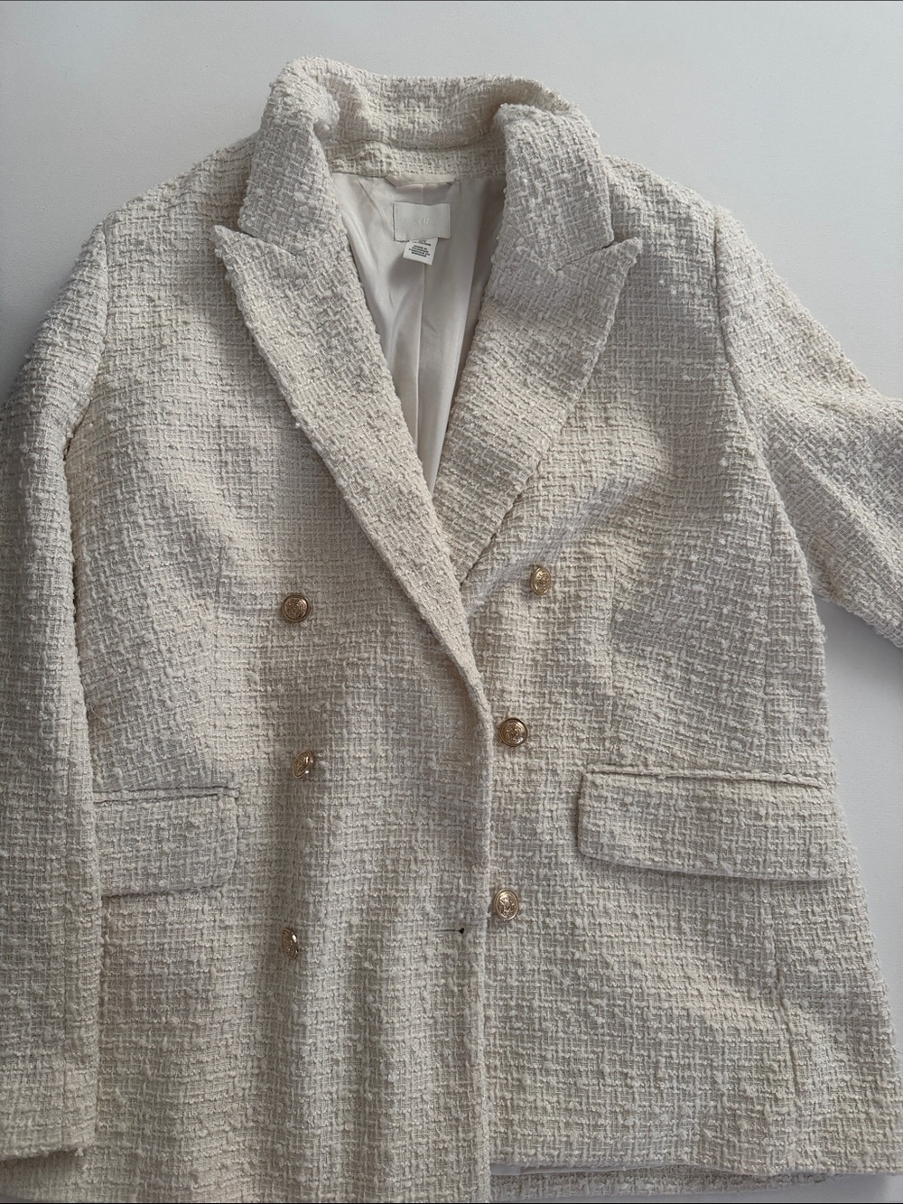 Textured Cream Double-Breasted Women's Blazer Coat